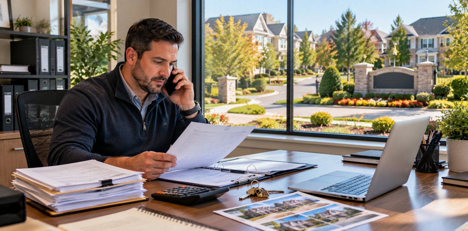 Property Manager Reviewing Documents by Phone
